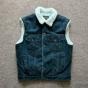 Vintage 70s 80s Blue Jean Denim Vest Type 3 Sherling Lined Mens L Plain Pockets